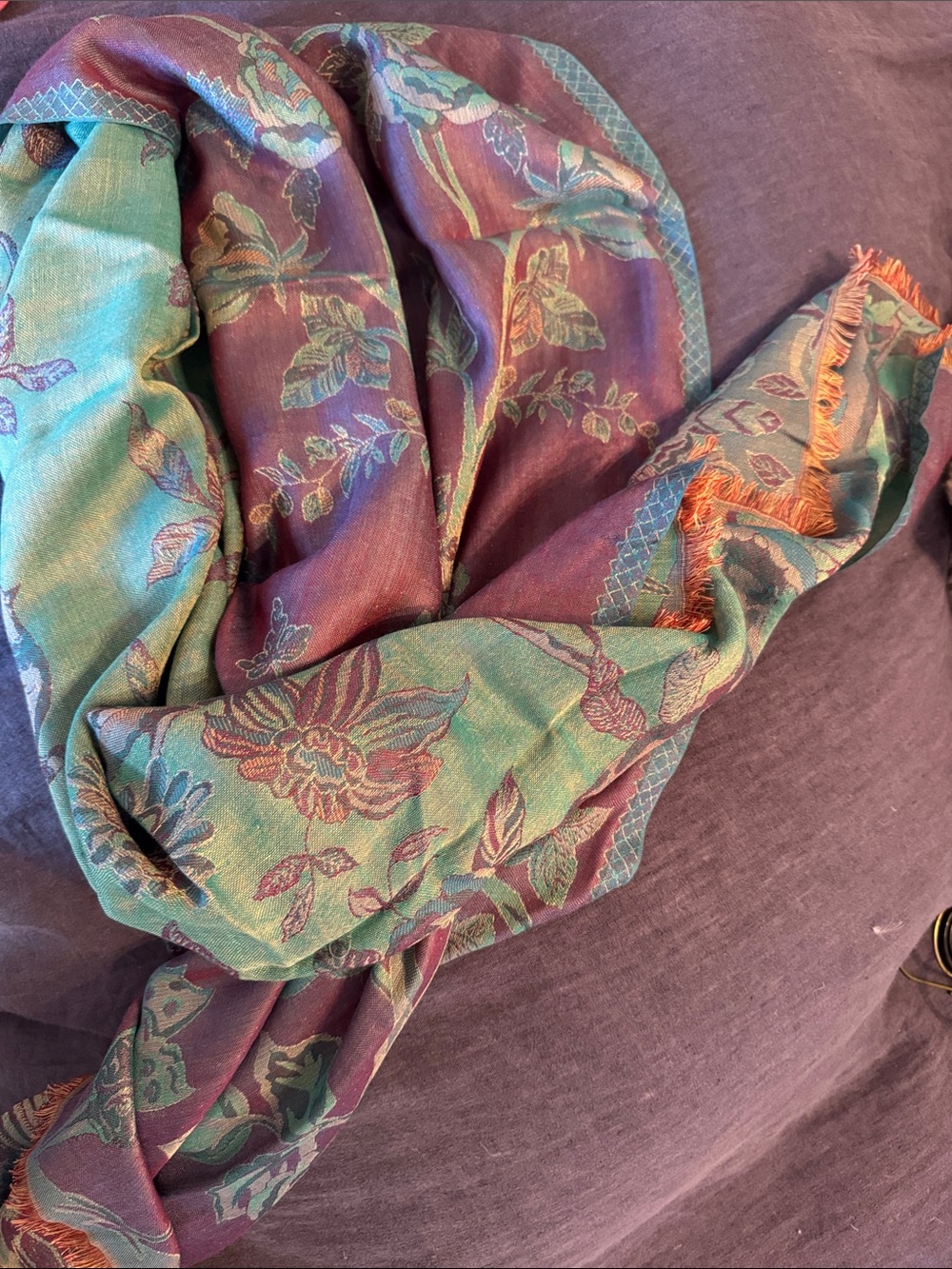 Floral Jacquard Reversible Scarf in Teal and Plum